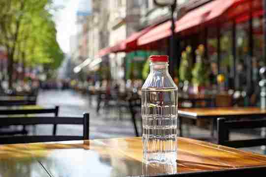 Botella de agua sobre una superficie al aire libre con luz suave